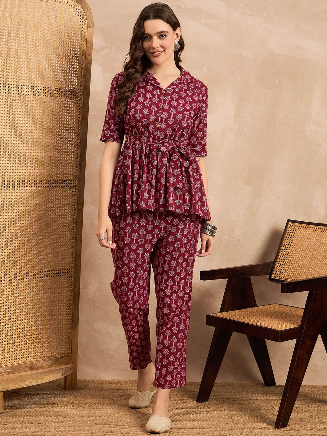 

BAESD Printed Shirt Collar Pure Cotton Tunic With Trouser, Maroon