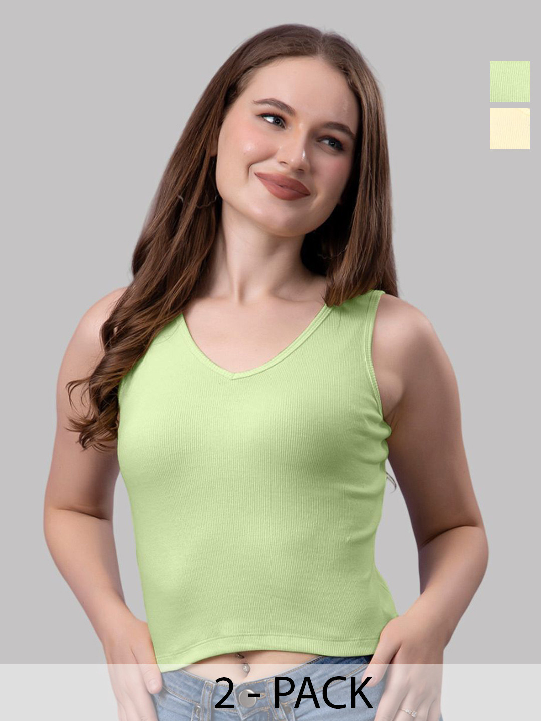 

Friskers Women Pack Of 2 Solid V-Neck Cotton Tops, Yellow