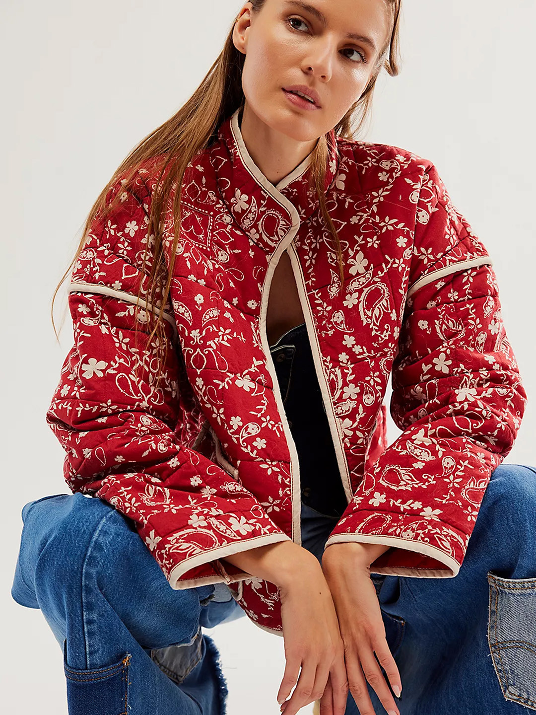 

LULU & SKY Women Mandarin Collar Floral Printed Casual Tailored Jacket, Red
