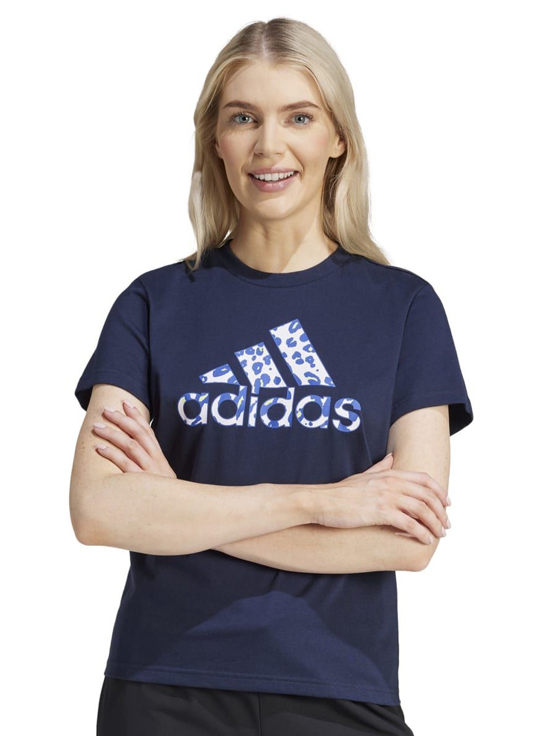 

ADIDAS Women Brand Logo Printed Round Neck Cotton T-shirt, Navy blue