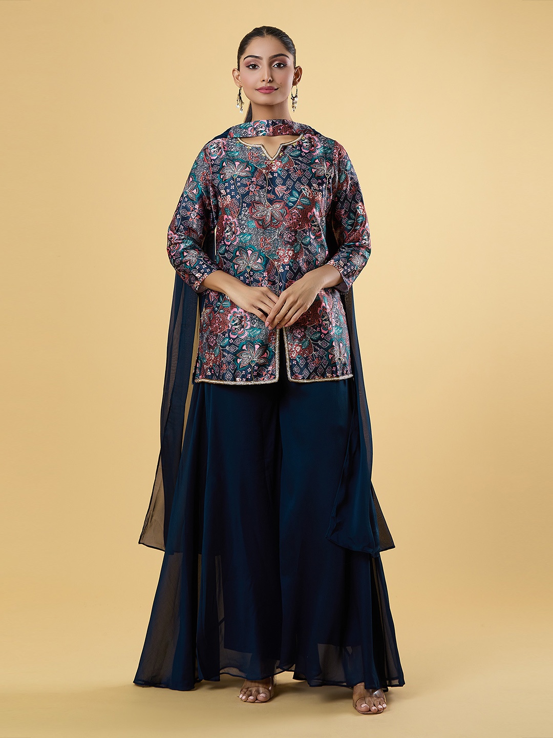 

Samyukta Singhani Silk Georgette Straight Kurti & Palazzos With Dupatta, Blue