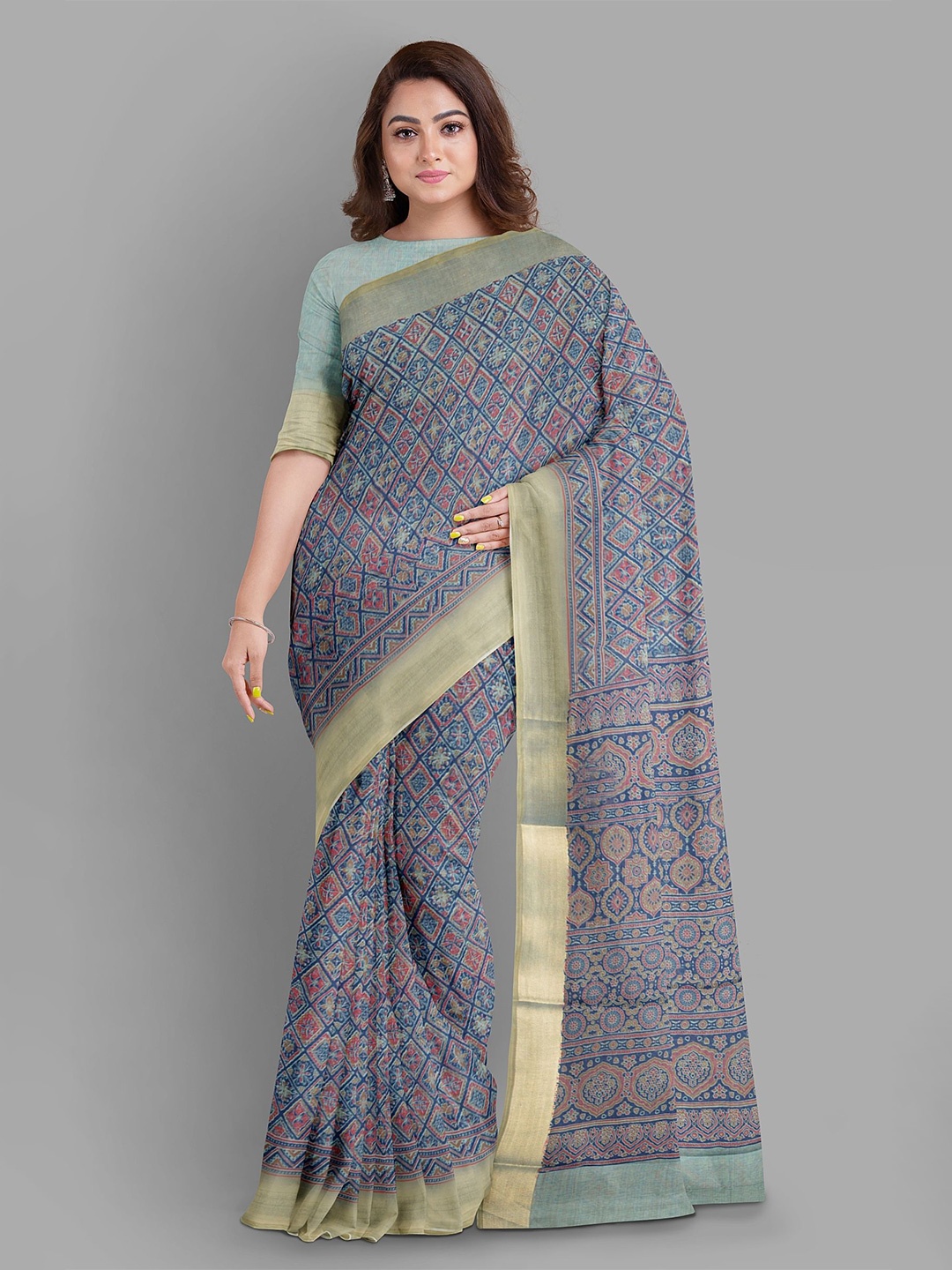 

The Chennai Silks Ajrak Printed Zari Pure Cotton Chanderi Saree, Blue