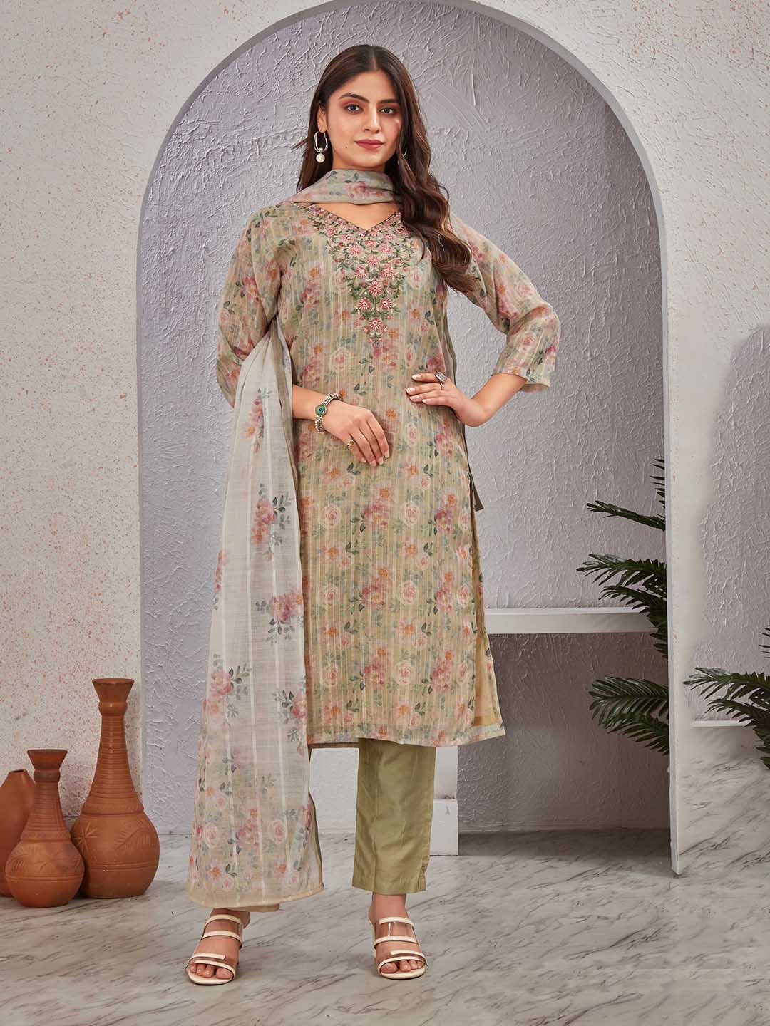 

TWINS LADY Floral Printed V-Neck Thread Work Chanderi Silk Kurta With Trouser With Dupatta, Yellow