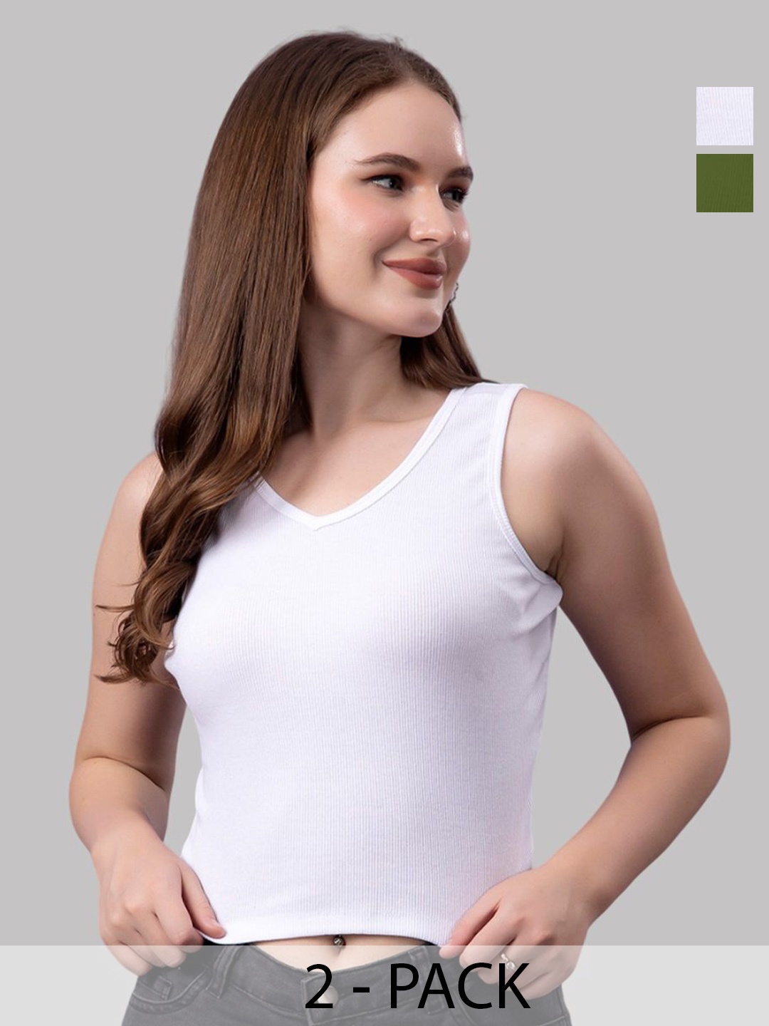 

Friskers Women Pack Of 2 Solid V-Neck Cotton Tops, White