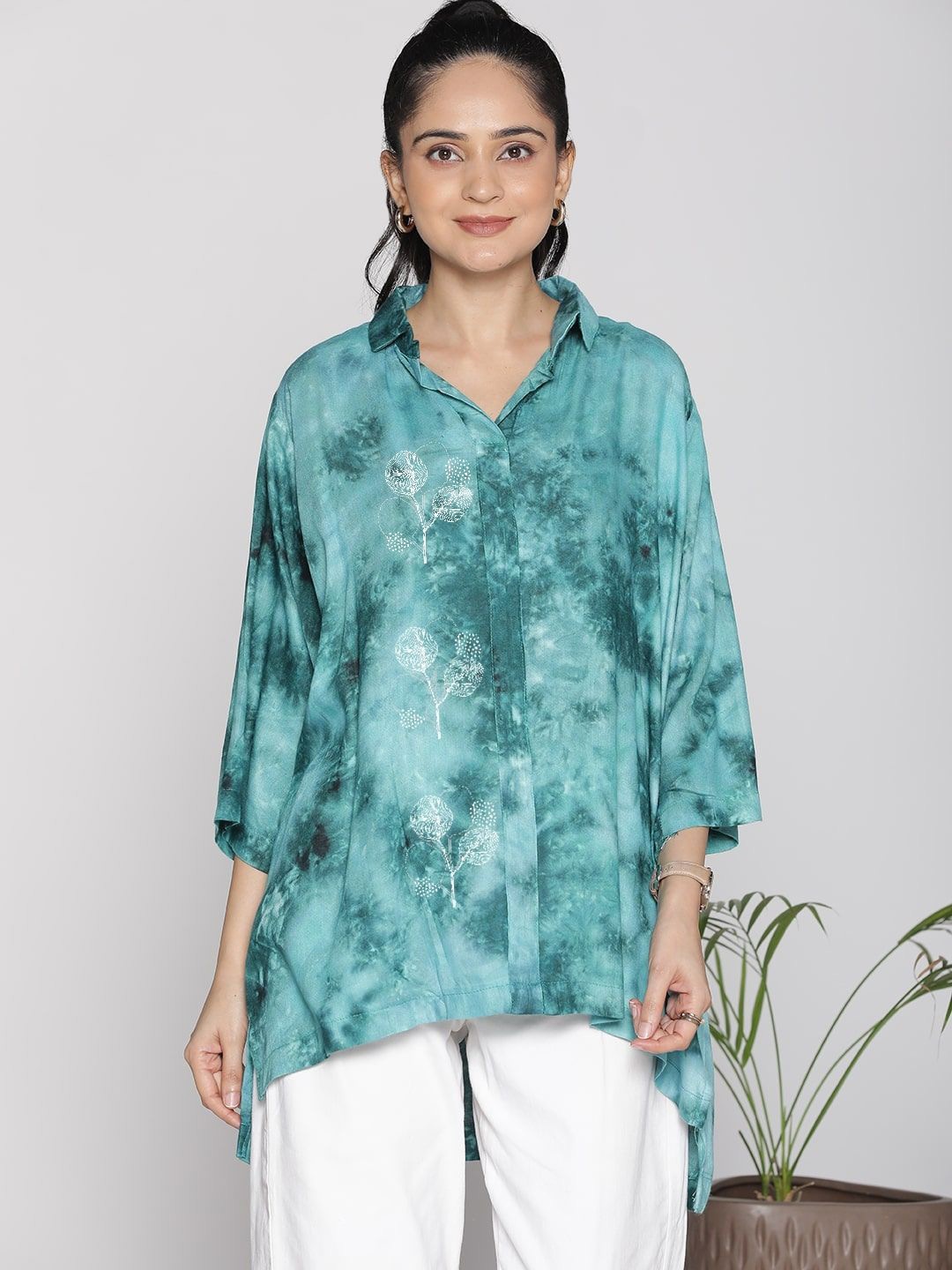 

LetsDressUp Women Tie and Dye Shirt Style Longline Top, Sea green