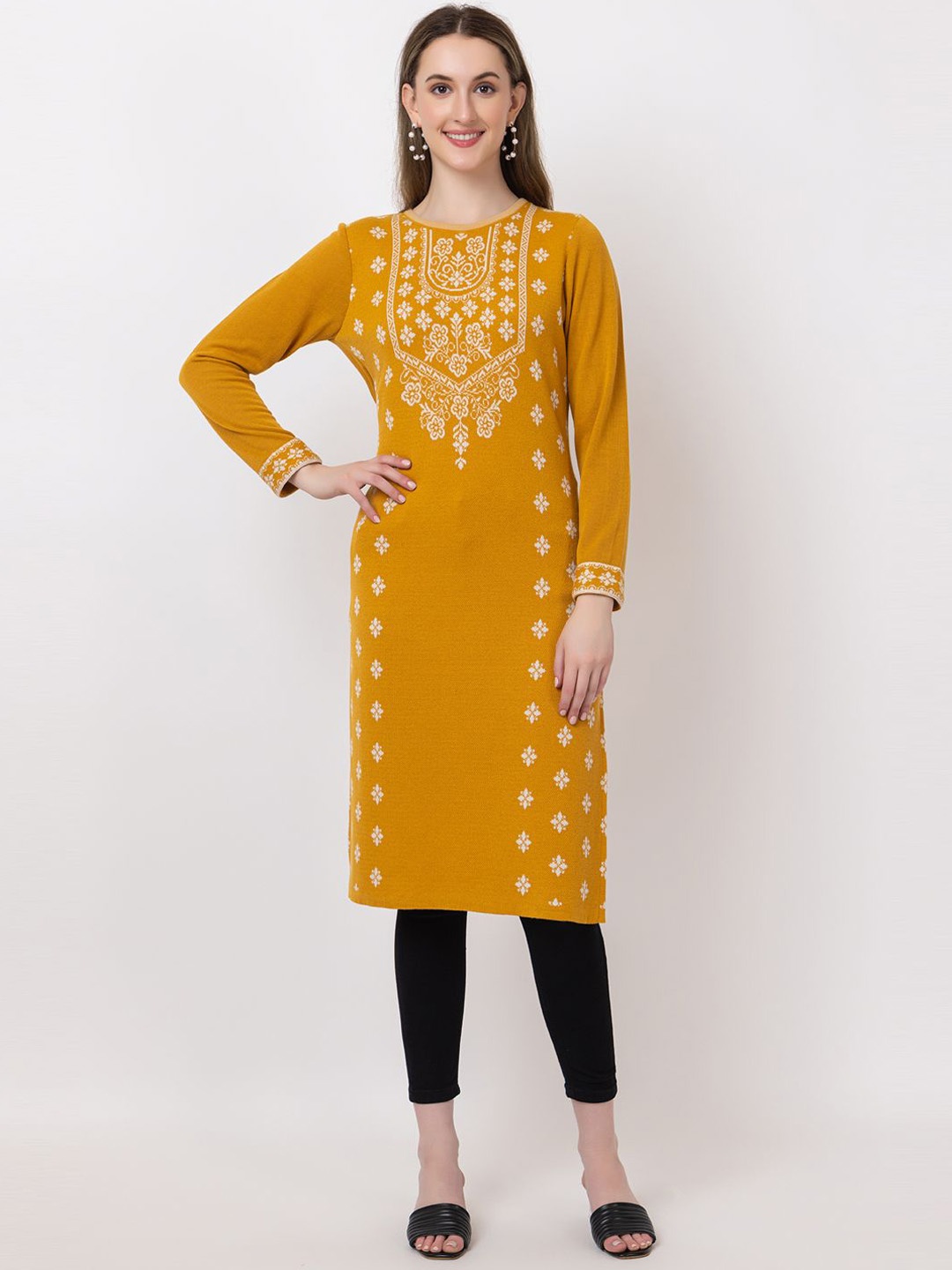 

KEIKO Ethnic Motifs Embroidered Thread Work Jacquard Straight Kurta, Mustard