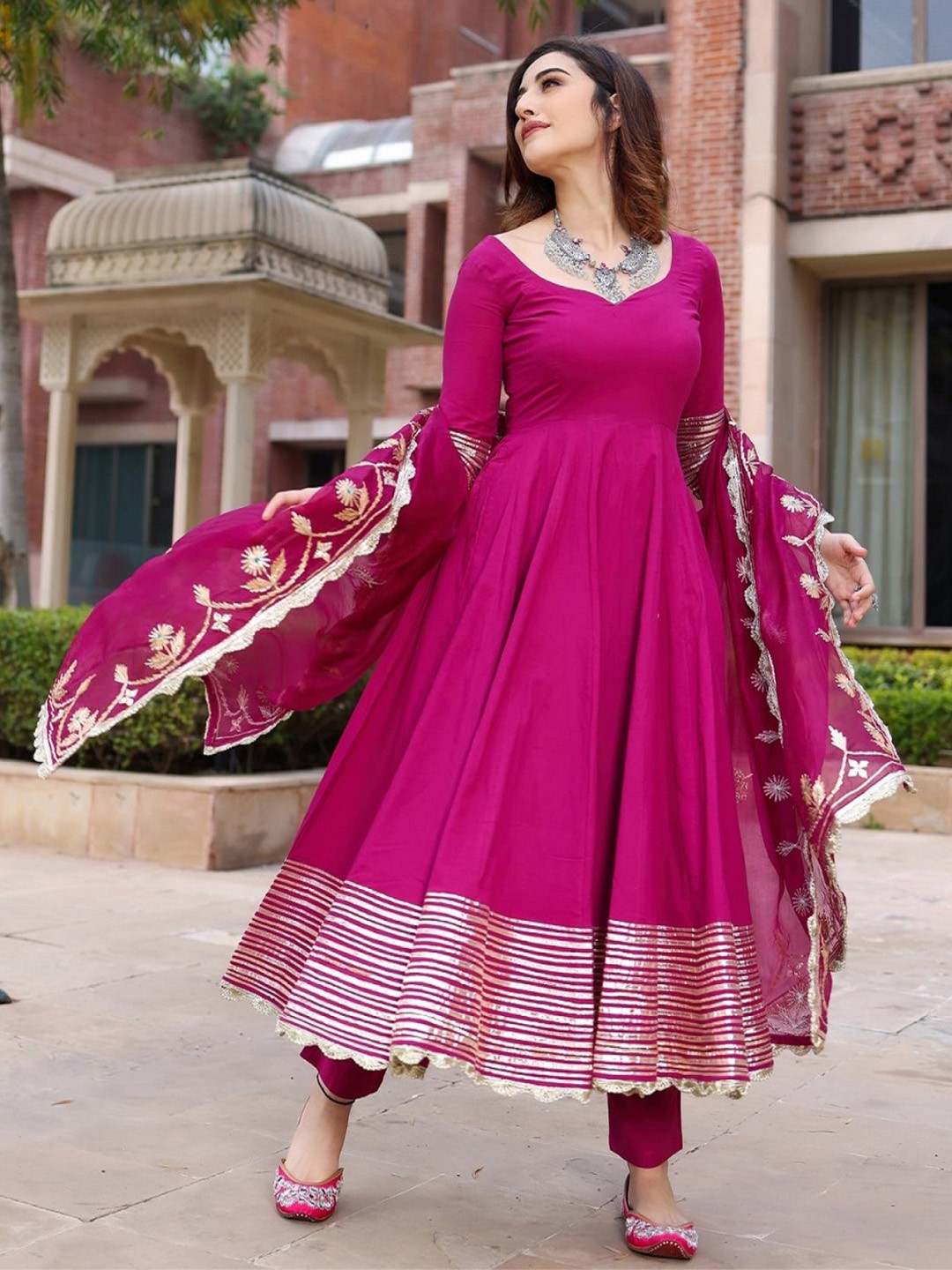 

KALINI Sweetheart Neck Anarkali Kurta With Trousers & Dupatta, Pink