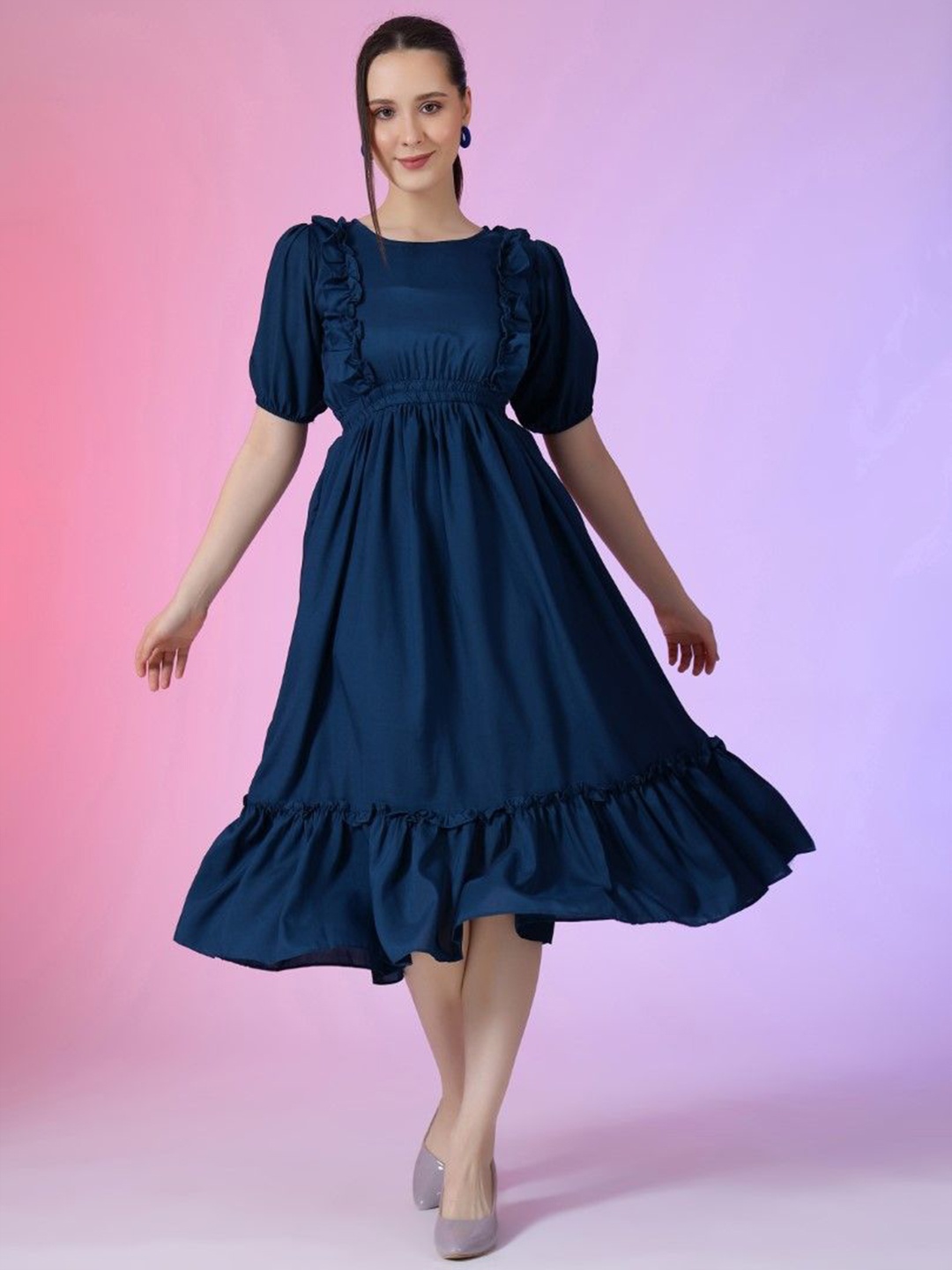

Krunal Raiyani Women Gathered or Pleated Tiered Fit & Flare Dress, Blue