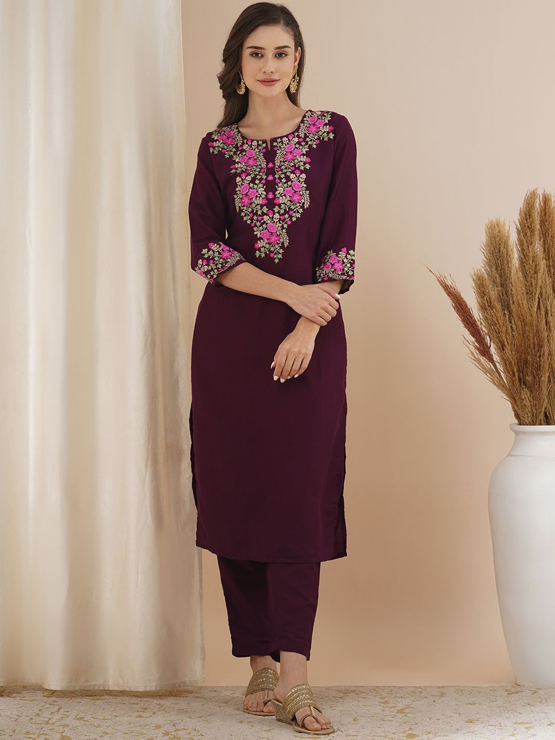 

FASHOR Embroidered Straight Fit Tunic With Trousers Co-Ords, Burgundy
