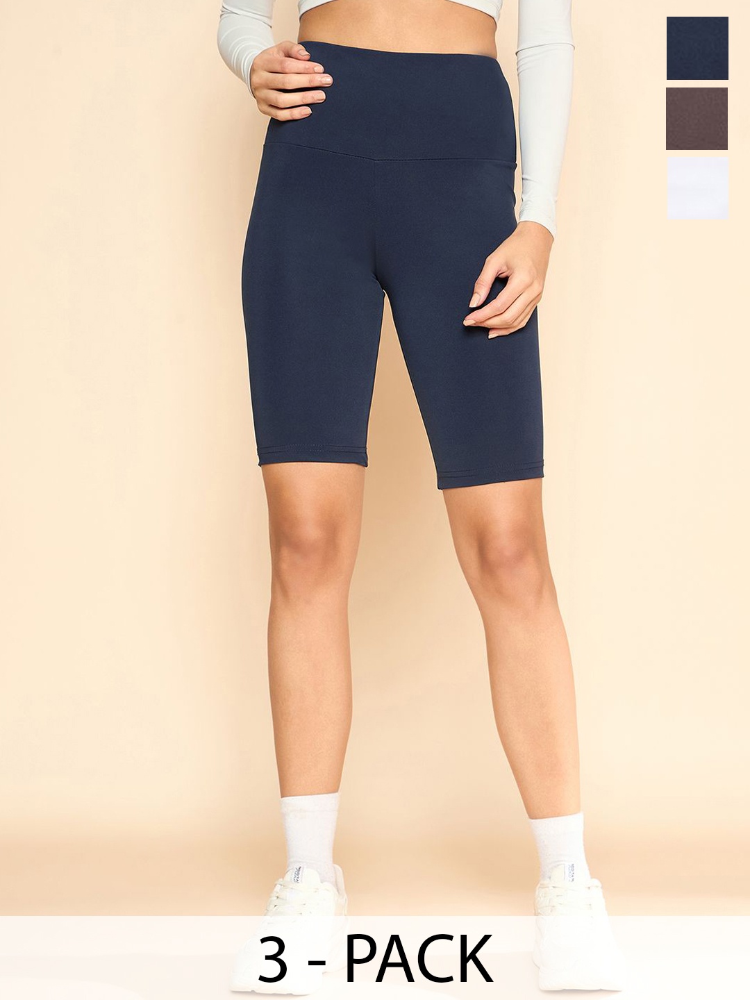 

COLOR CAPITAL Pack Of 3 Women High Rise Above Knee Gym Tights, Navy blue