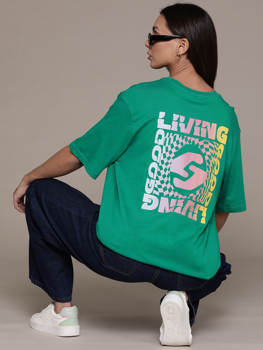

The Roadster Lifestyle Co. Back Printed Pure Cotton Oversized T-shirt, Green