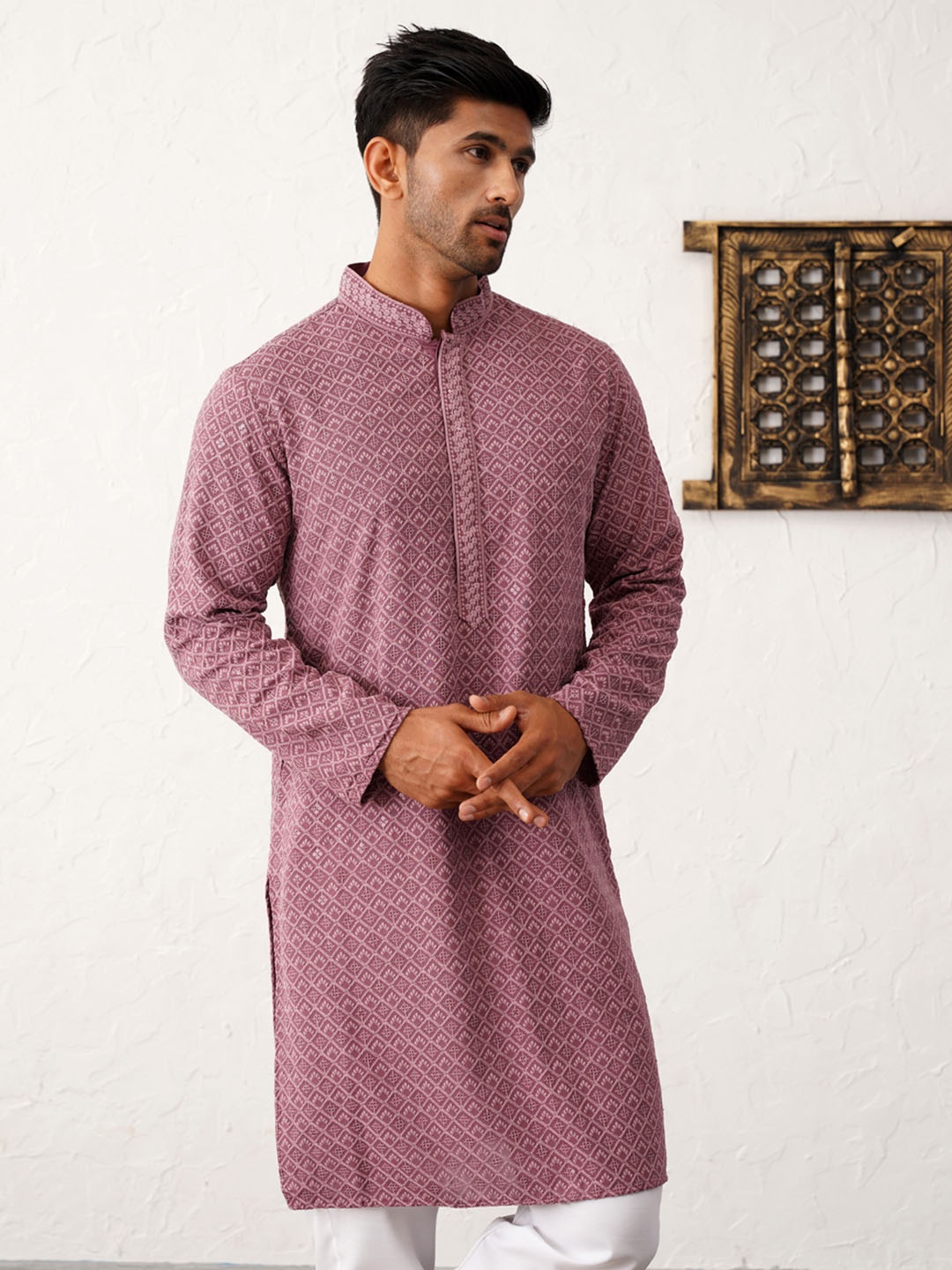 

Jompers Floral Embroidered Sequinned Mandarin Collar Kurta With Trousers, Purple