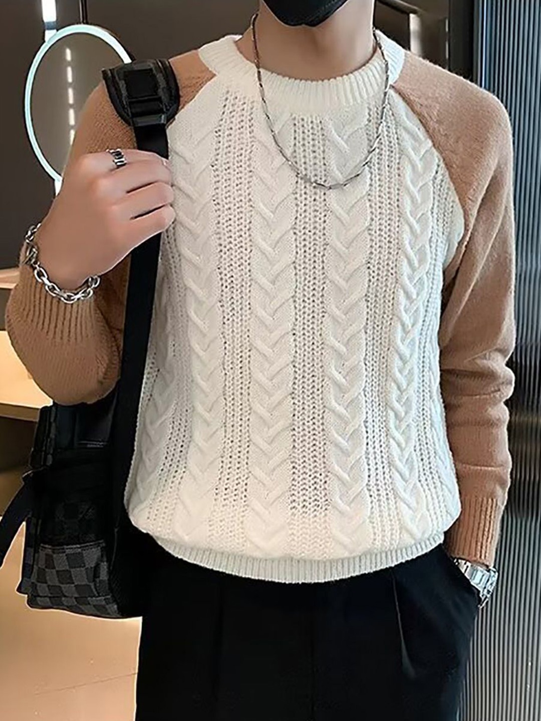 

StyleCast x Revolte Men Cable Knit Round Neck Pullover Ribbed Sweater, White