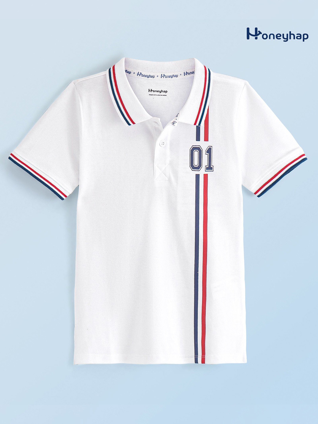 

Honeyhap Boys Varsity Printed Polo Collar Cotton T-shirt, White