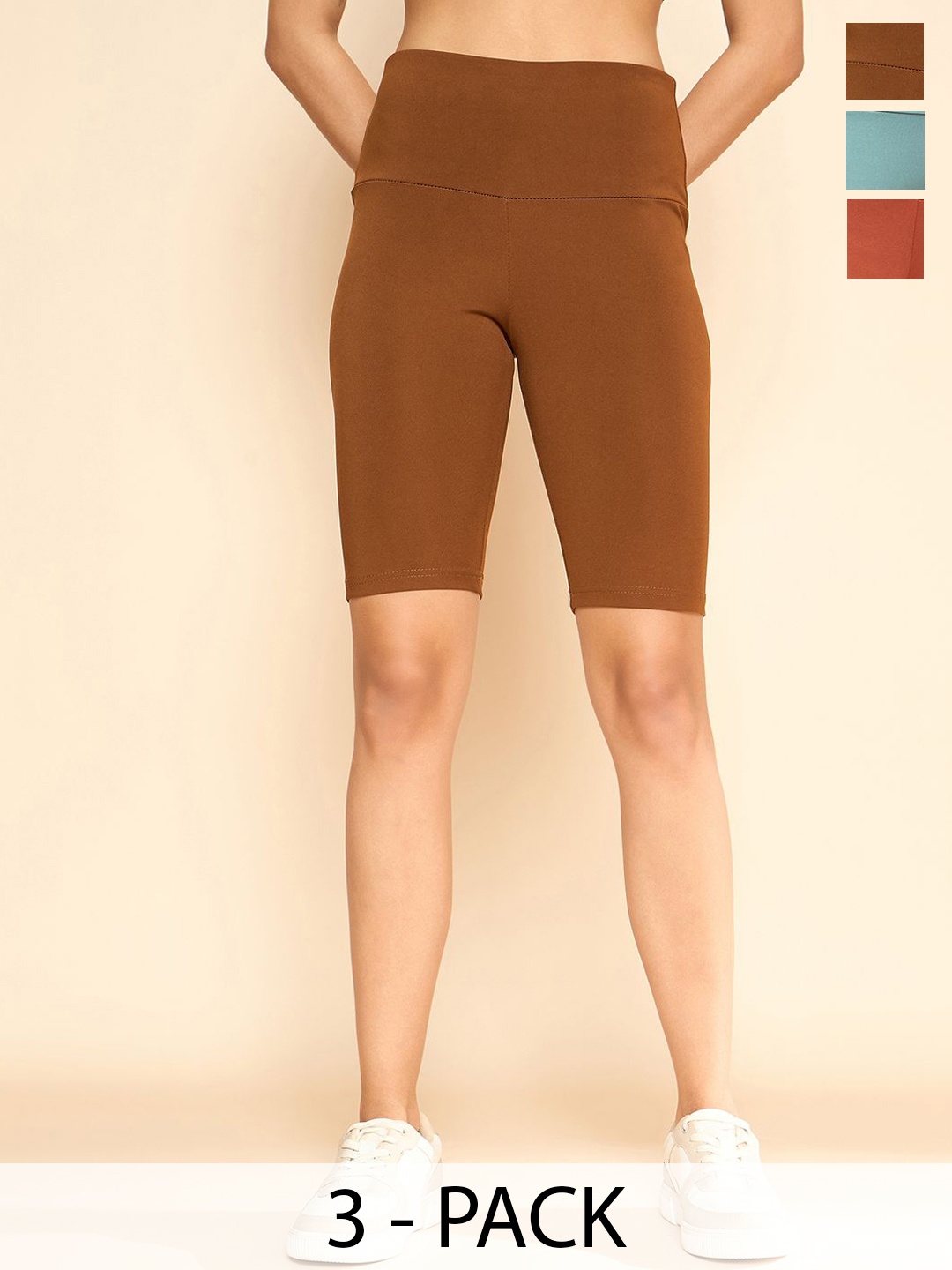

COLOR CAPITAL Pack Of 3 Women High Rise Above-Knee Gym Tights, Brown