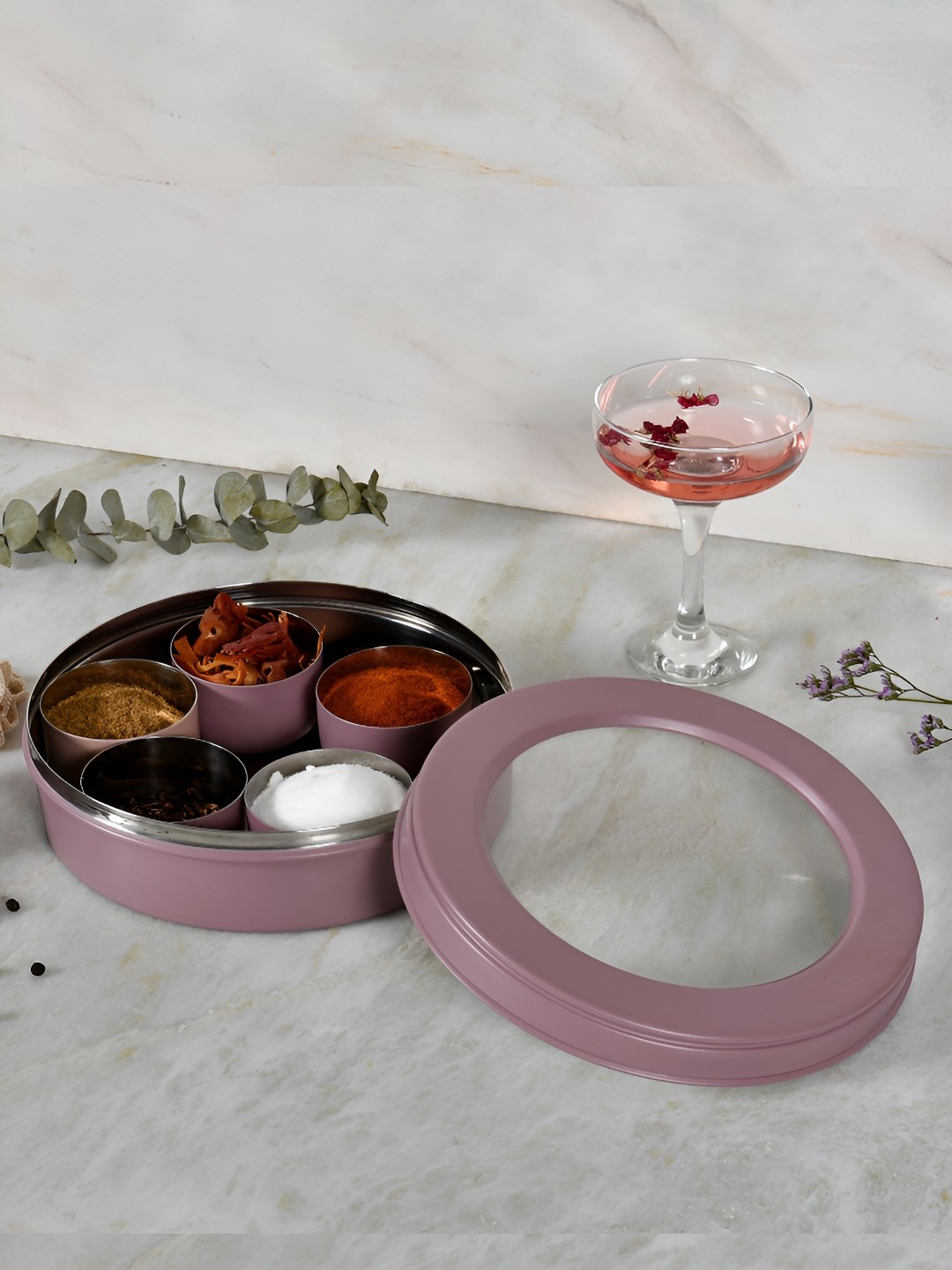 

Living With Elan Mauve 7 Compartment Stainless Steel Spice Box with Spoon 1500 ml