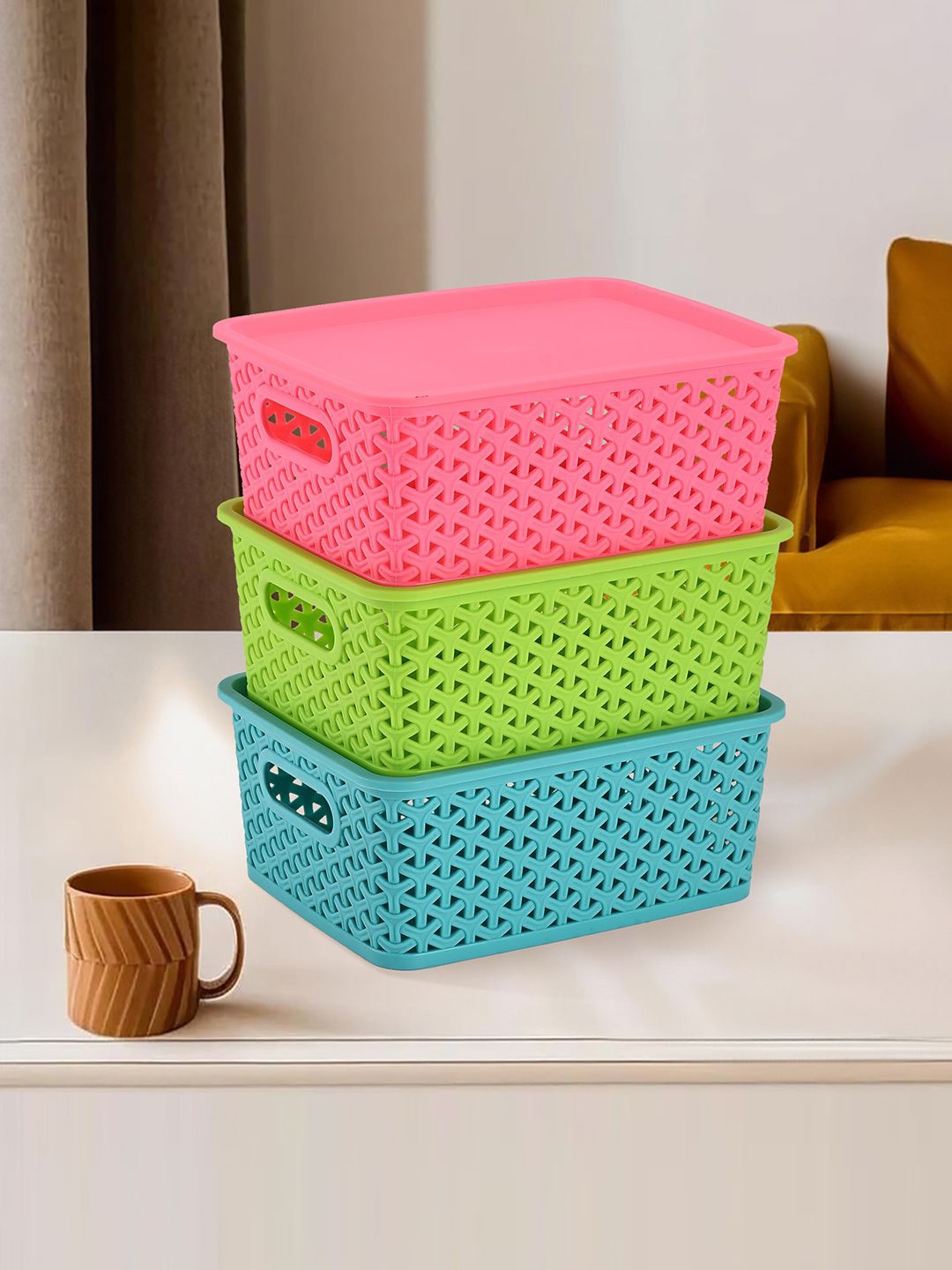 

Kuber Industries Green & Blue 3 Pieces Tote Basket Organisers