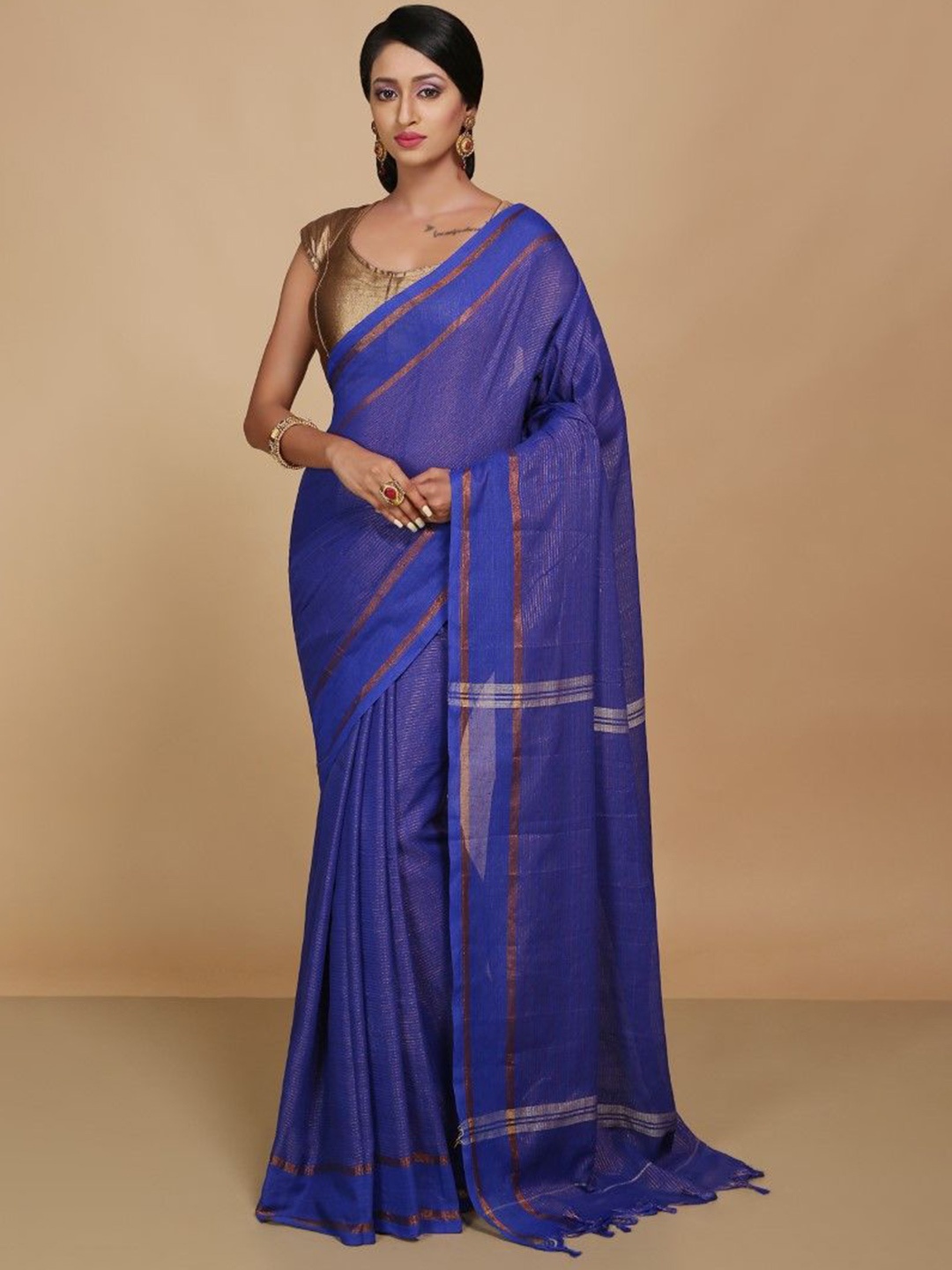 

BENGAL HANDLOOM Solid Taant Saree, Blue