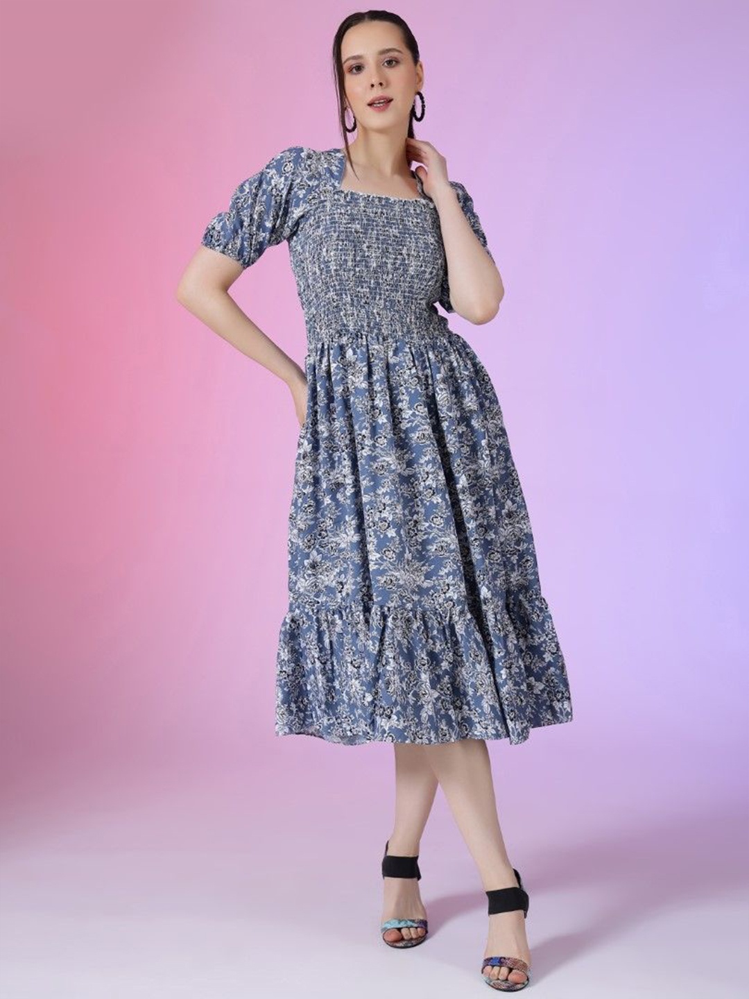 

Krunal Raiyani Women Print Puff Sleeve Applique Fit & Flare Dress, Blue