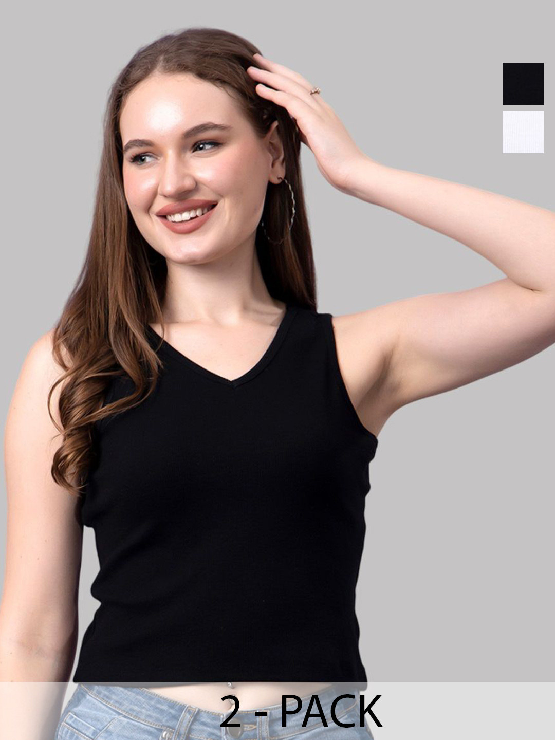 

Friskers Women Pack Of 2 Solid V-Neck Cotton Tops, Black