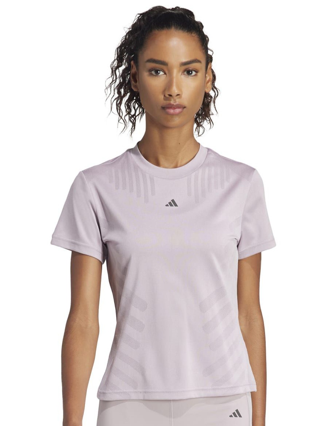 

ADIDAS Women Striped Round Neck Slim Fit T-shirt, Grey