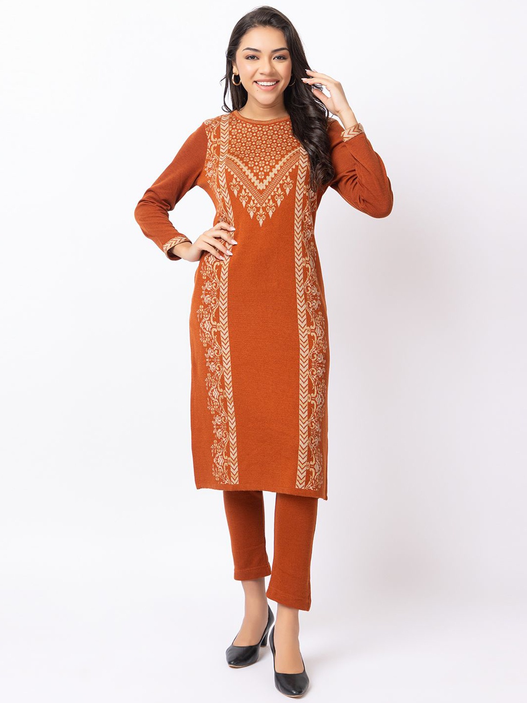 

KEIKO Ethnic Motifs Woven Design Straight Acrylic Kurta, Rust