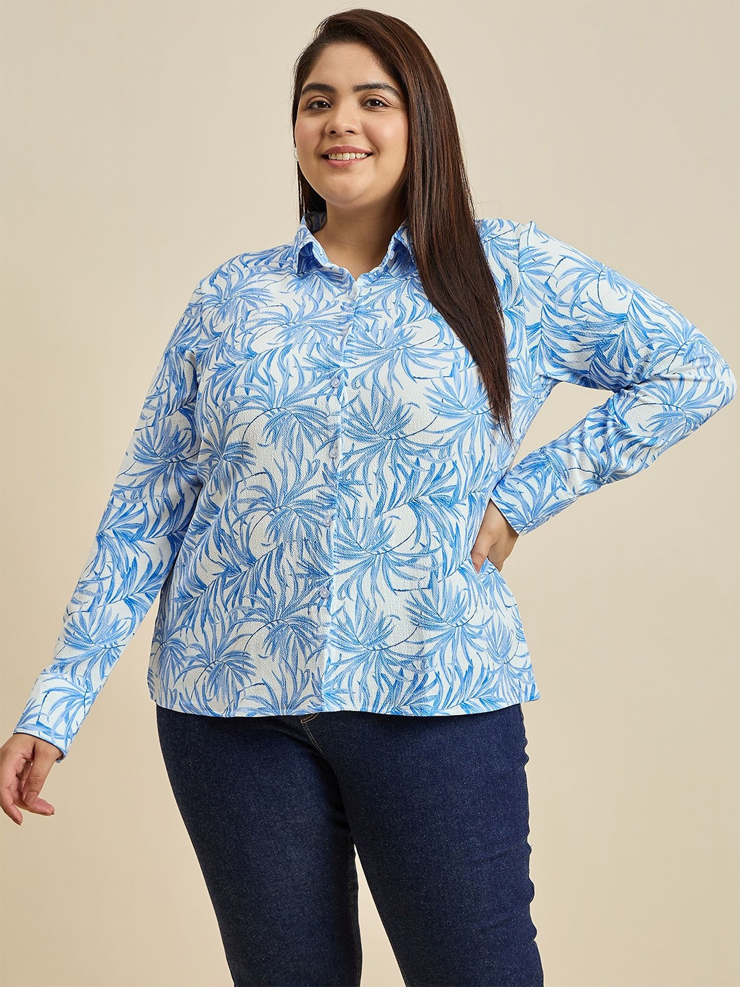 

Sztori Women Plus Size Standard Spread Collar Floral Printed Casual Shirt, Blue