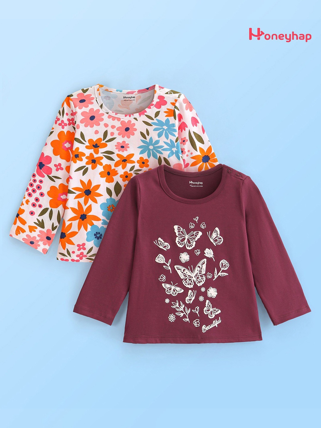 

Honeyhap Girls Pack Of 2 Floral Printed Hood Cotton T-shirts, Maroon
