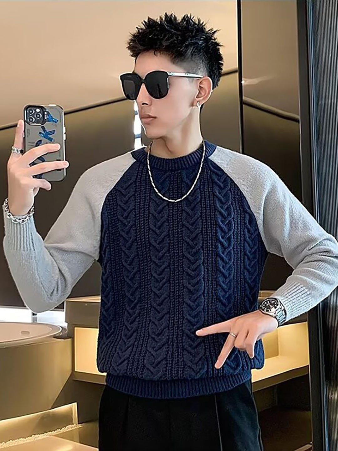 

StyleCast x Revolte Men Cable Knit Round Neck Pullover Ribbed Sweater, Navy blue