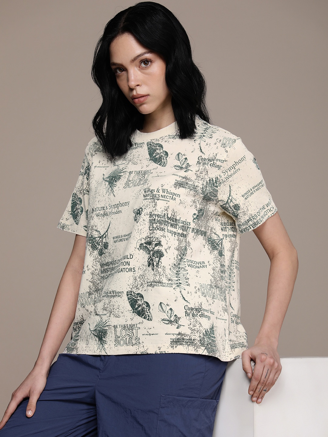 

The Roadster Life Co. Pure Cotton Typography Printed Easy Boxy Fit Washed T-shirt, Beige