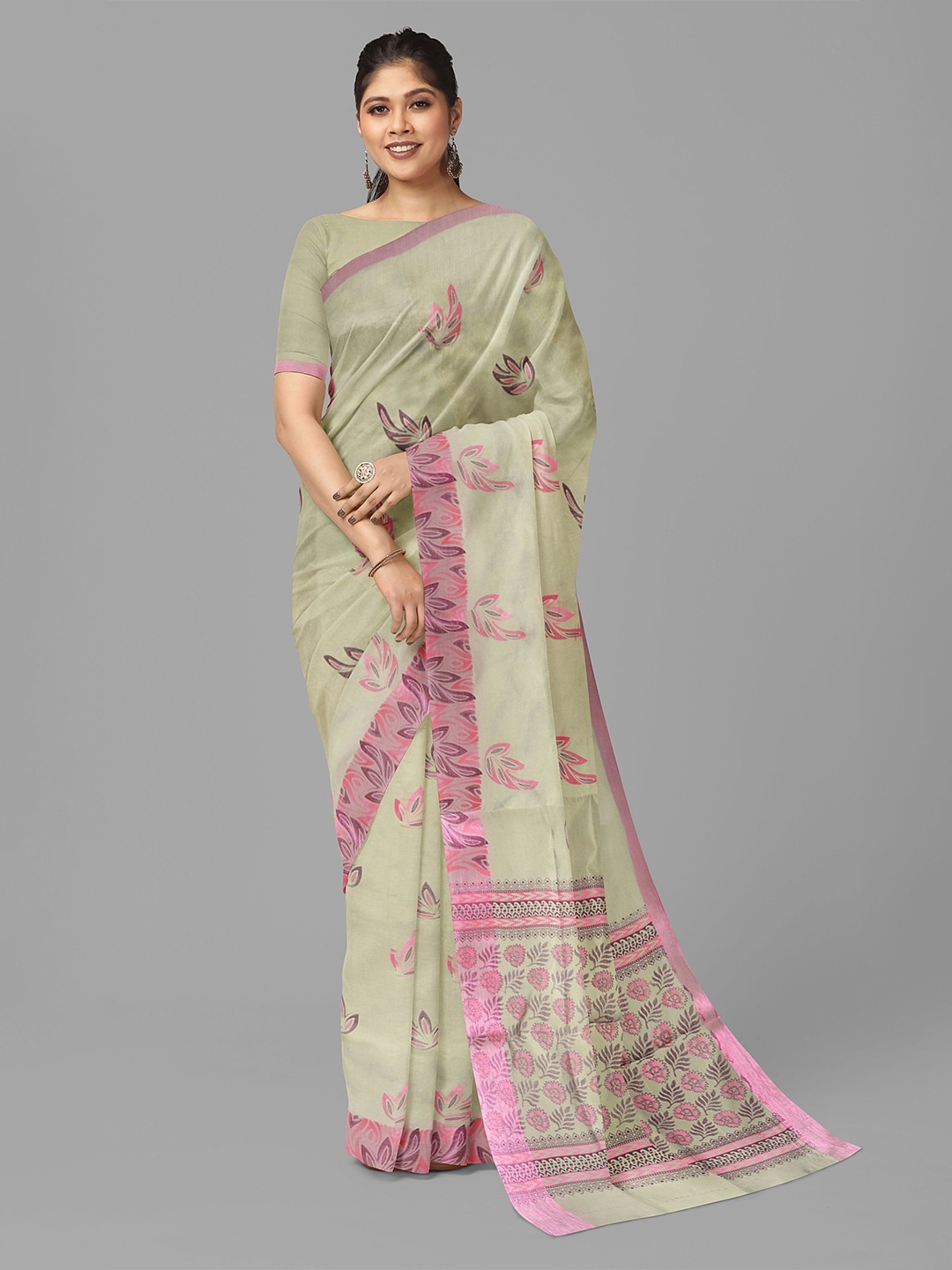 

The Chennai Silks Ethnic Motifs Printed Zari Fusion Kovai Saree, Beige