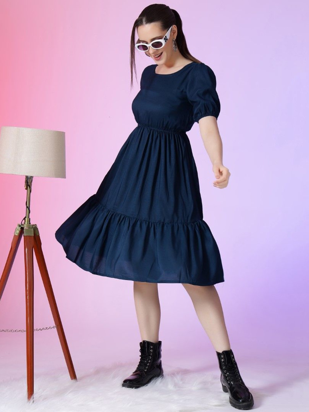 

Krunal Raiyani Puff Sleeve Fit & Flare Dress, Navy blue