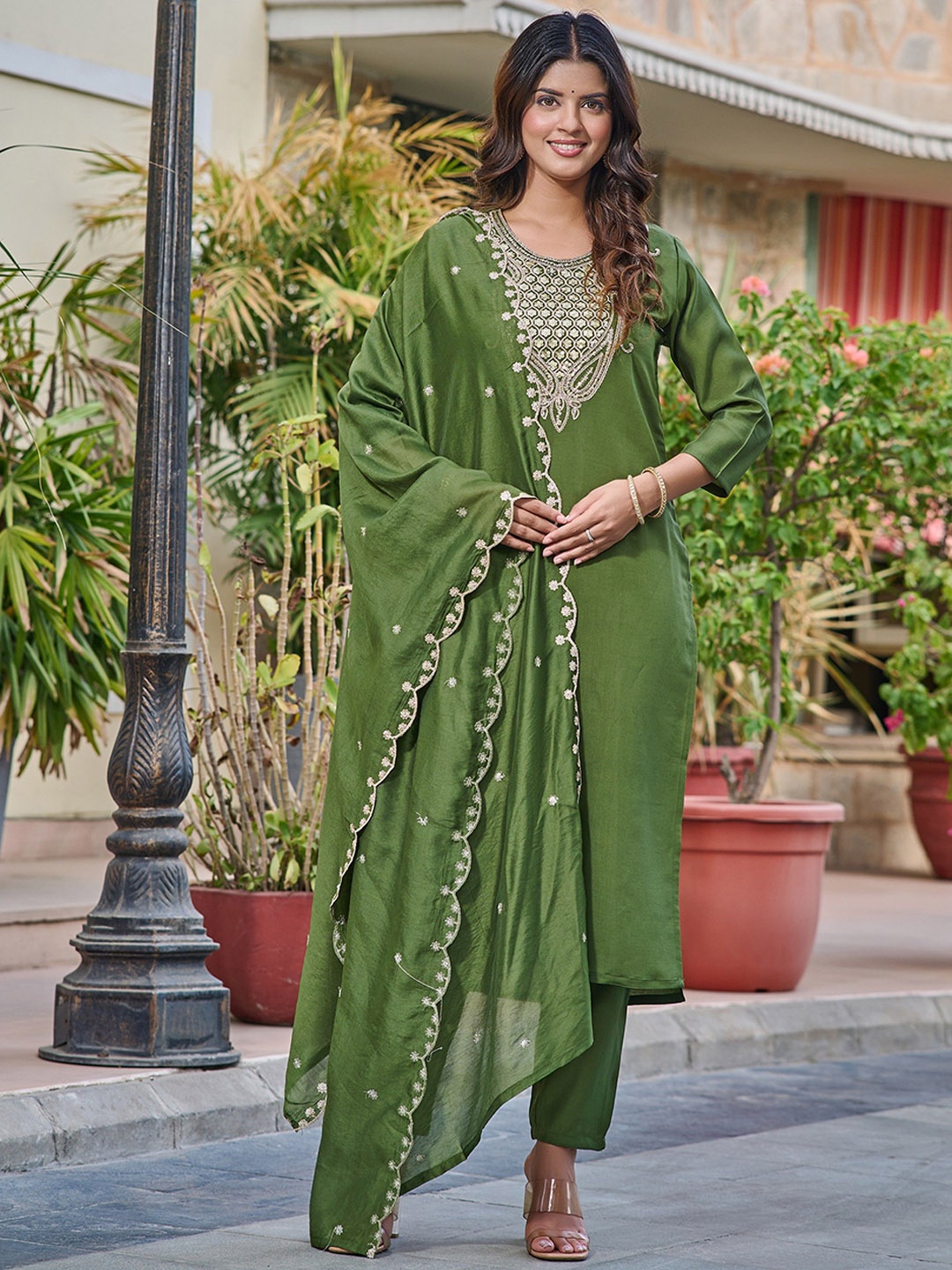 

KALINI Floral Yoke Design Sequinned Straight Kurta With Trouser & Dupatta, Green