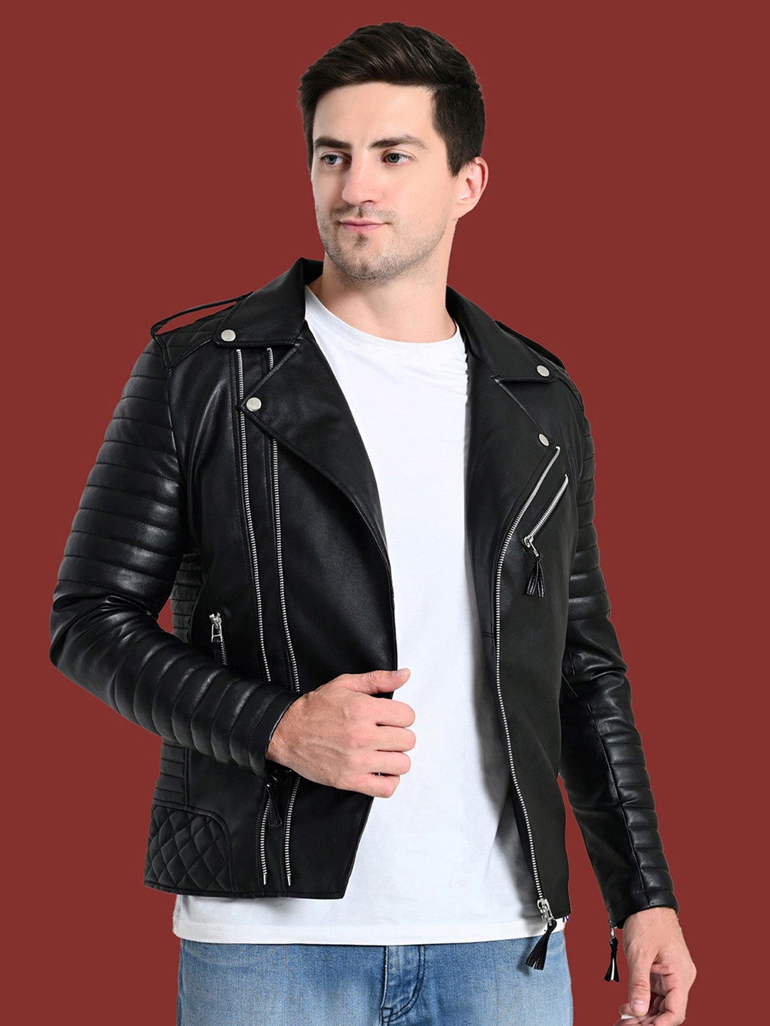 

TBOJ Men Lapel Collar Solid PU Casual Biker Jacket, Black