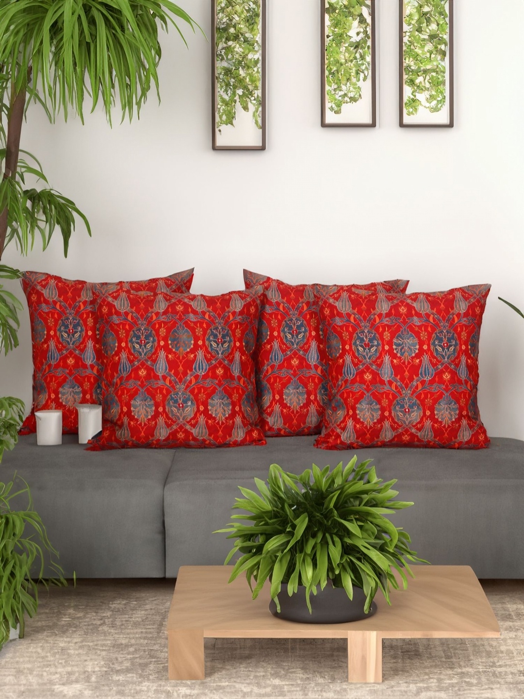 

ZEBA Red & Grey 4 Pieces Floral Embroidered Square Cushion Covers