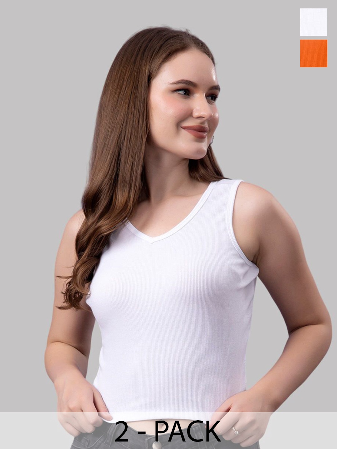 

Friskers Women Pack Of 2 Solid V-Neck Cotton Tops, White
