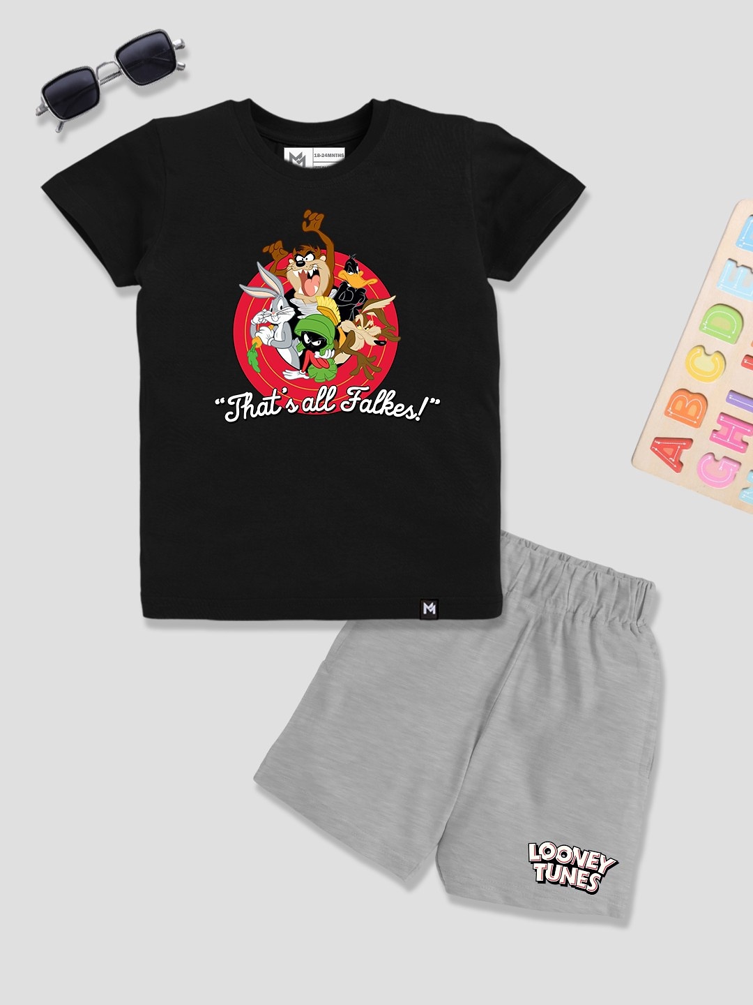 

YK X Minute Mirth Boys Looney Tunes Printed Pure Cotton T-shirt with Shorts, Black