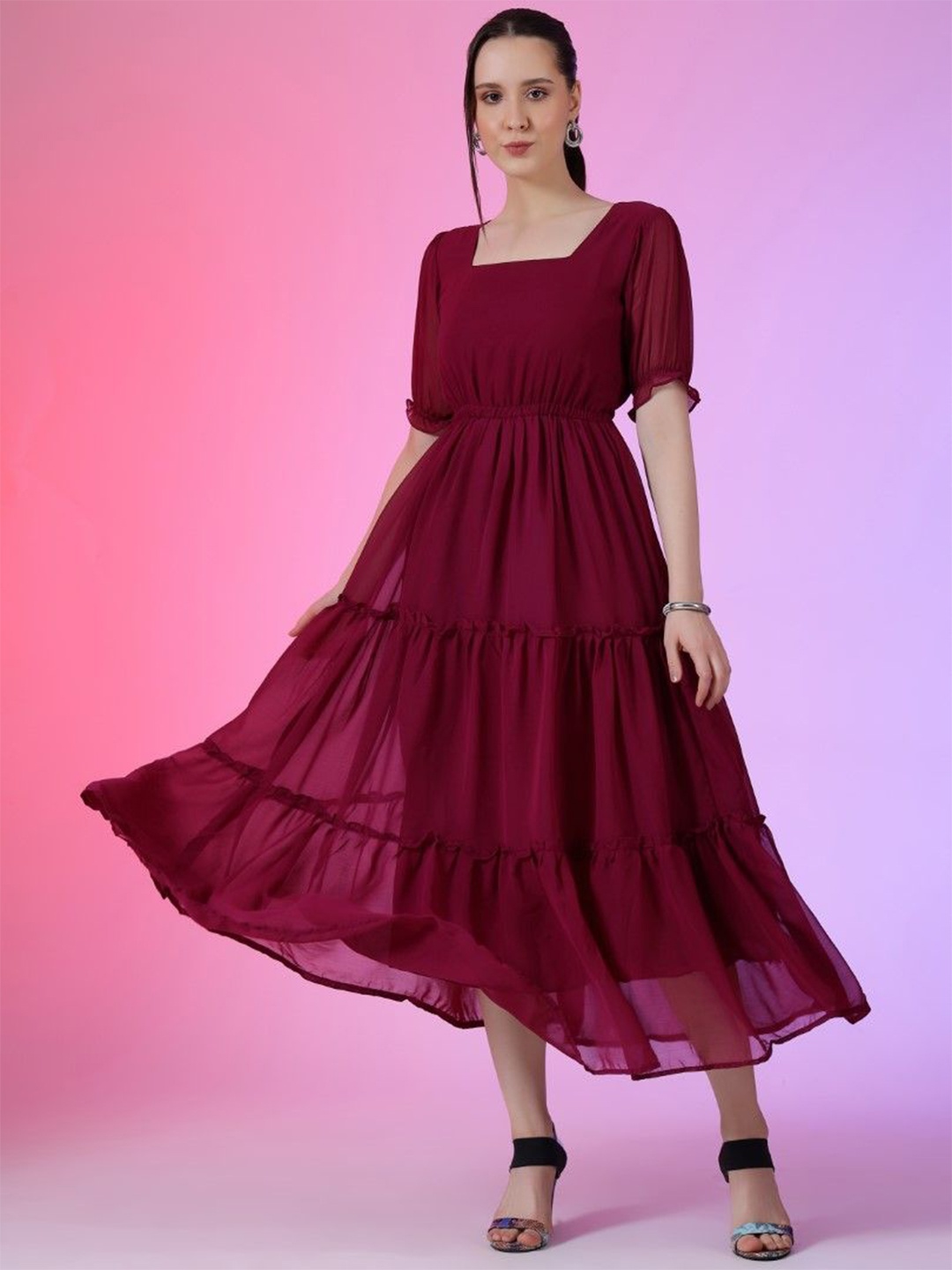 

Raiyani Enterprise Puff Sleeve Applique Georgette Fit & Flare Maxi Dress, Magenta