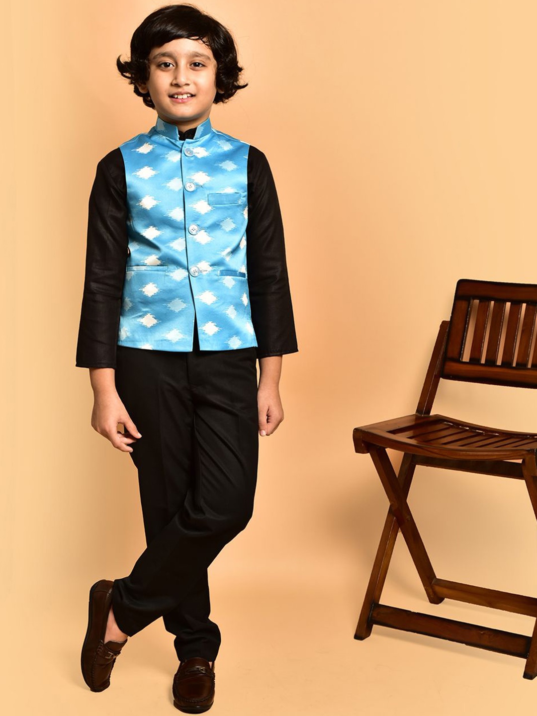 

PRINTCULTR Boys Printed Satin Nehru Jackets, Turquoise blue