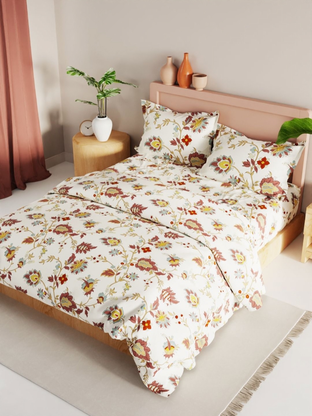 

KOPA Beige & Multicoloured Floral Other 4 Piece Double King Regular Bedding Set