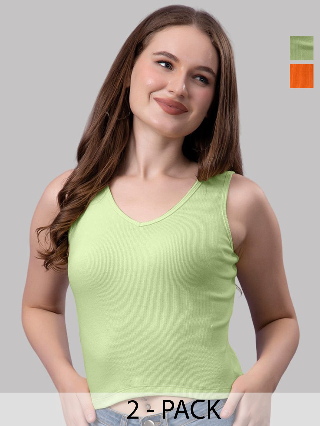 

Friskers Women Pack Of 2 Solid V-Neck Cotton Tops, Orange