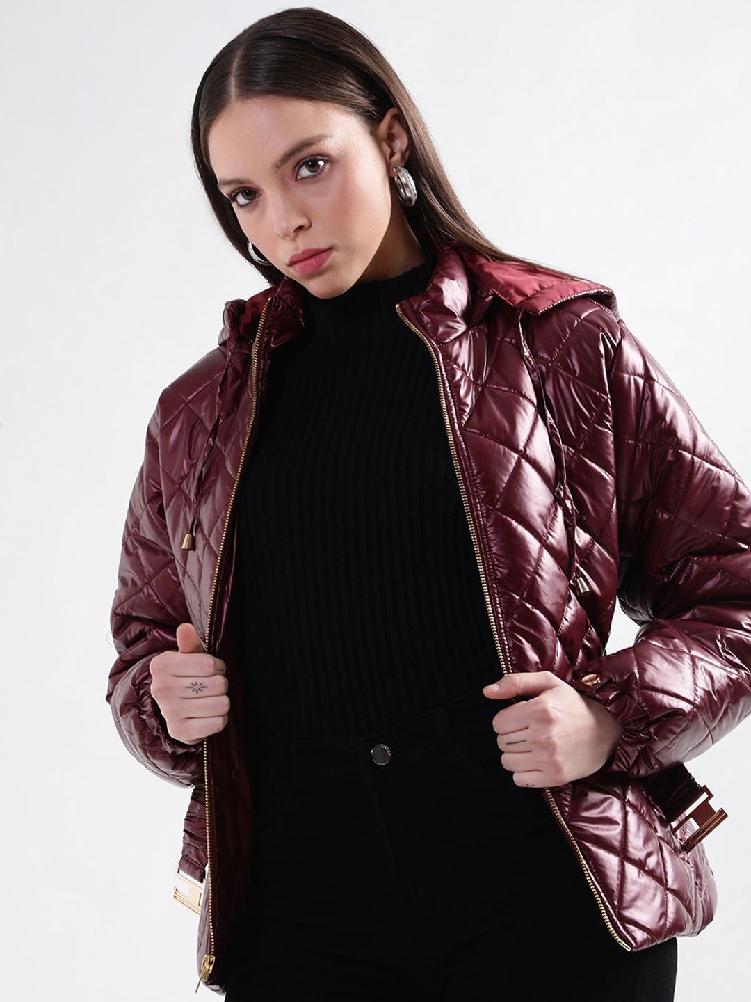 

ELLE Women Hooded Solid Casual Padded Jacket, Maroon