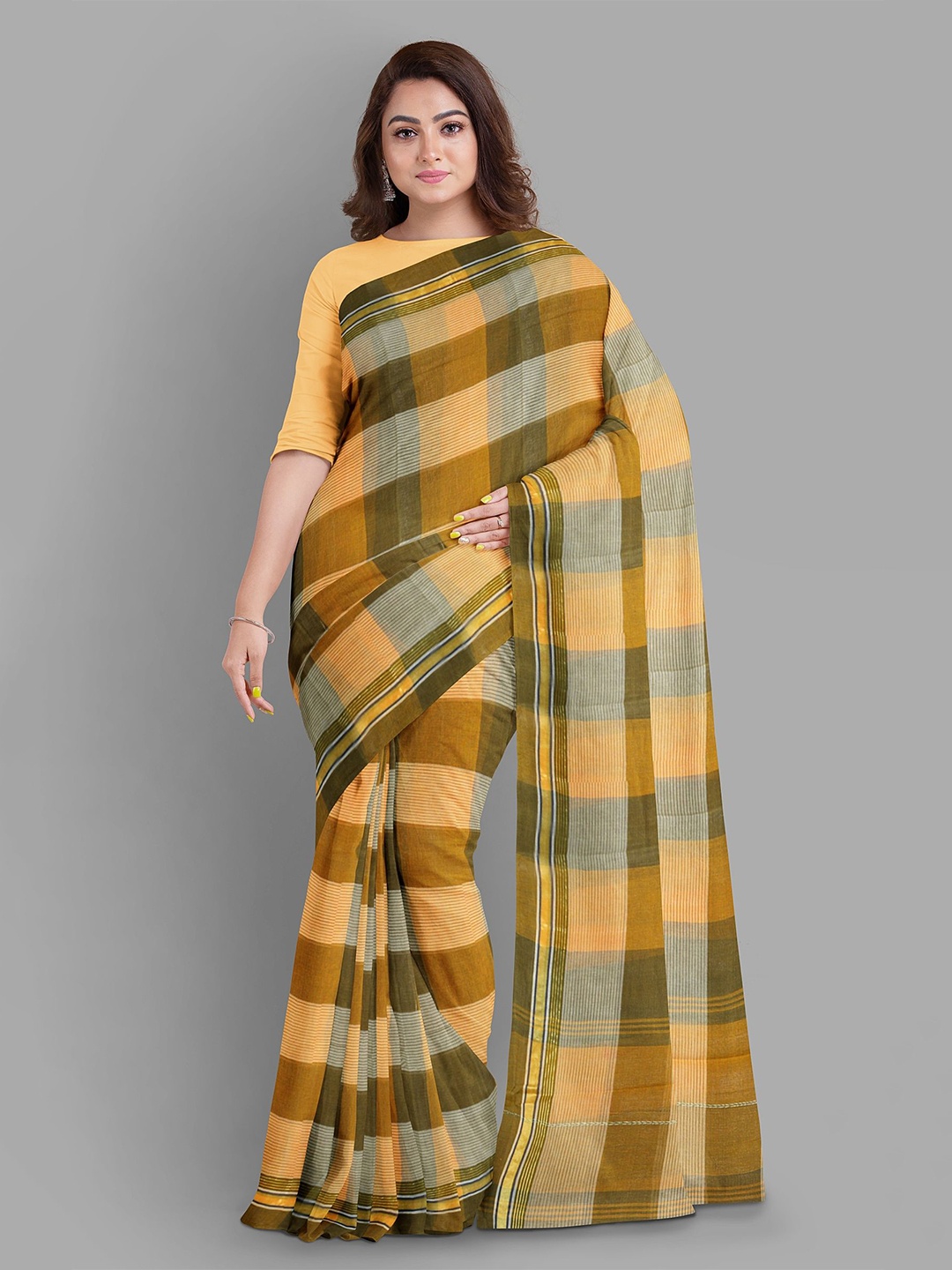 

The Chennai Silks Checked Zari Pure Cotton Taant Saree, Green