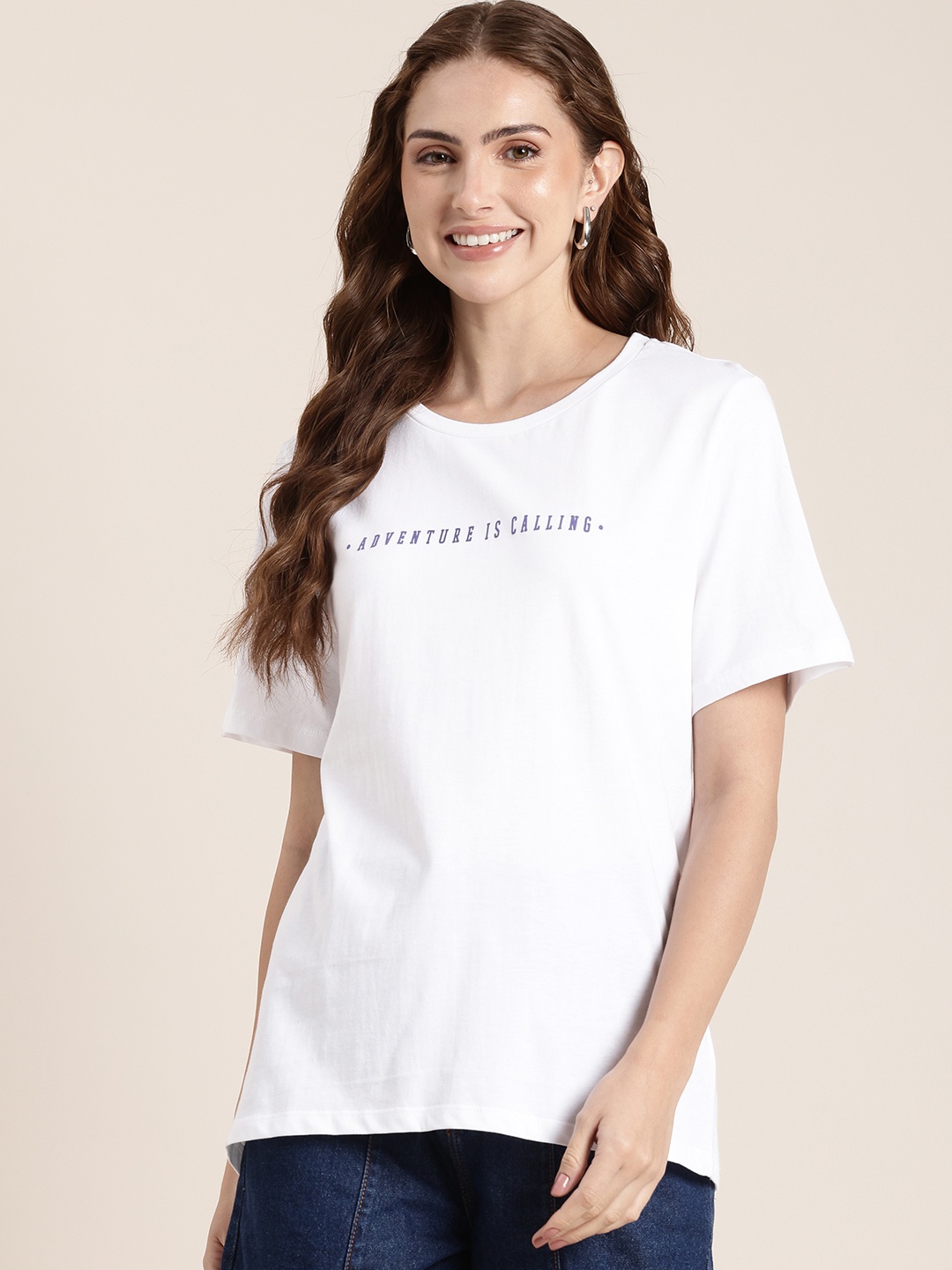 

HERE&NOW Printed Drop-Shoulder Sleeves Pure Cotton T-shirt, White