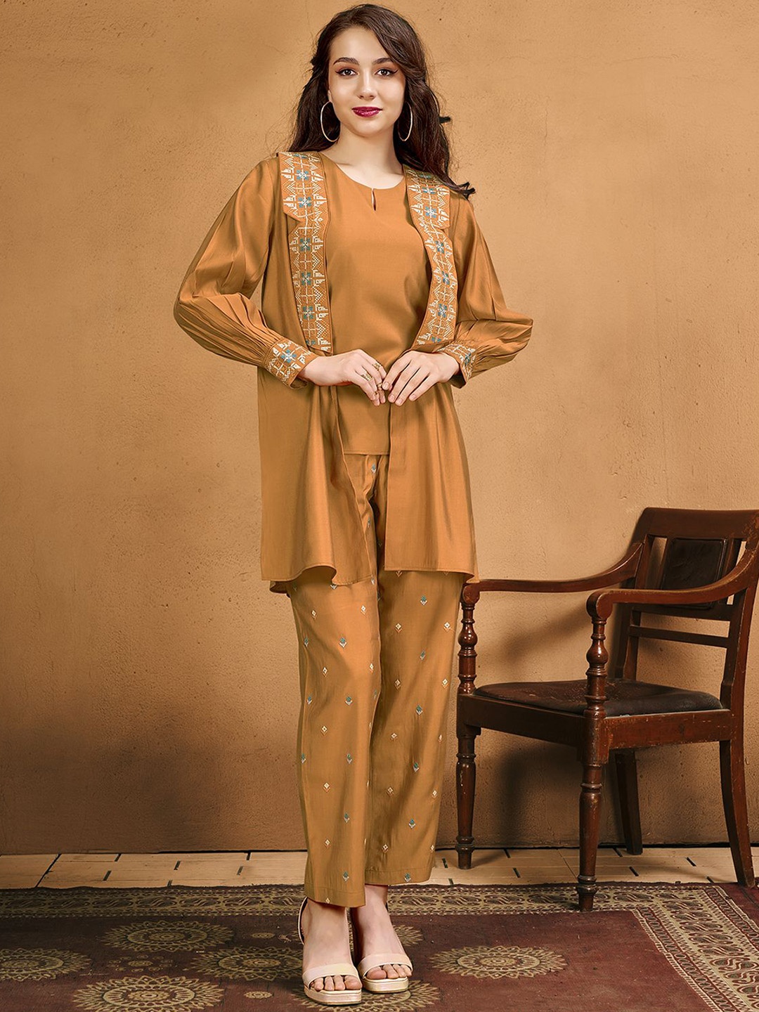 

Anouk Women Embroidered Top & Trouser With Jacket Co-Ords, Rust