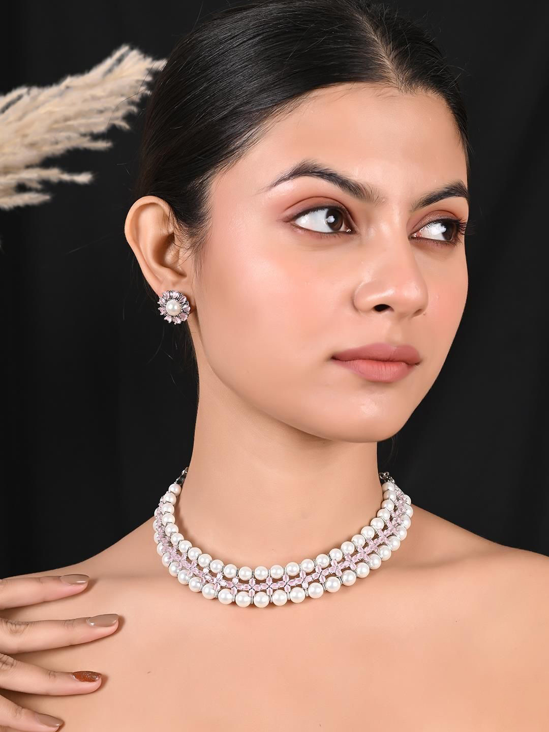 

RATNAVALI JEWELS Cubic Zirconia-Studded Jewellery Set, Silver