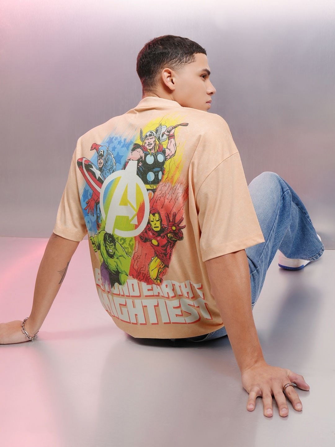 

HIGHLANDER Men Avengers Printed Oversized Tshirt, Peach