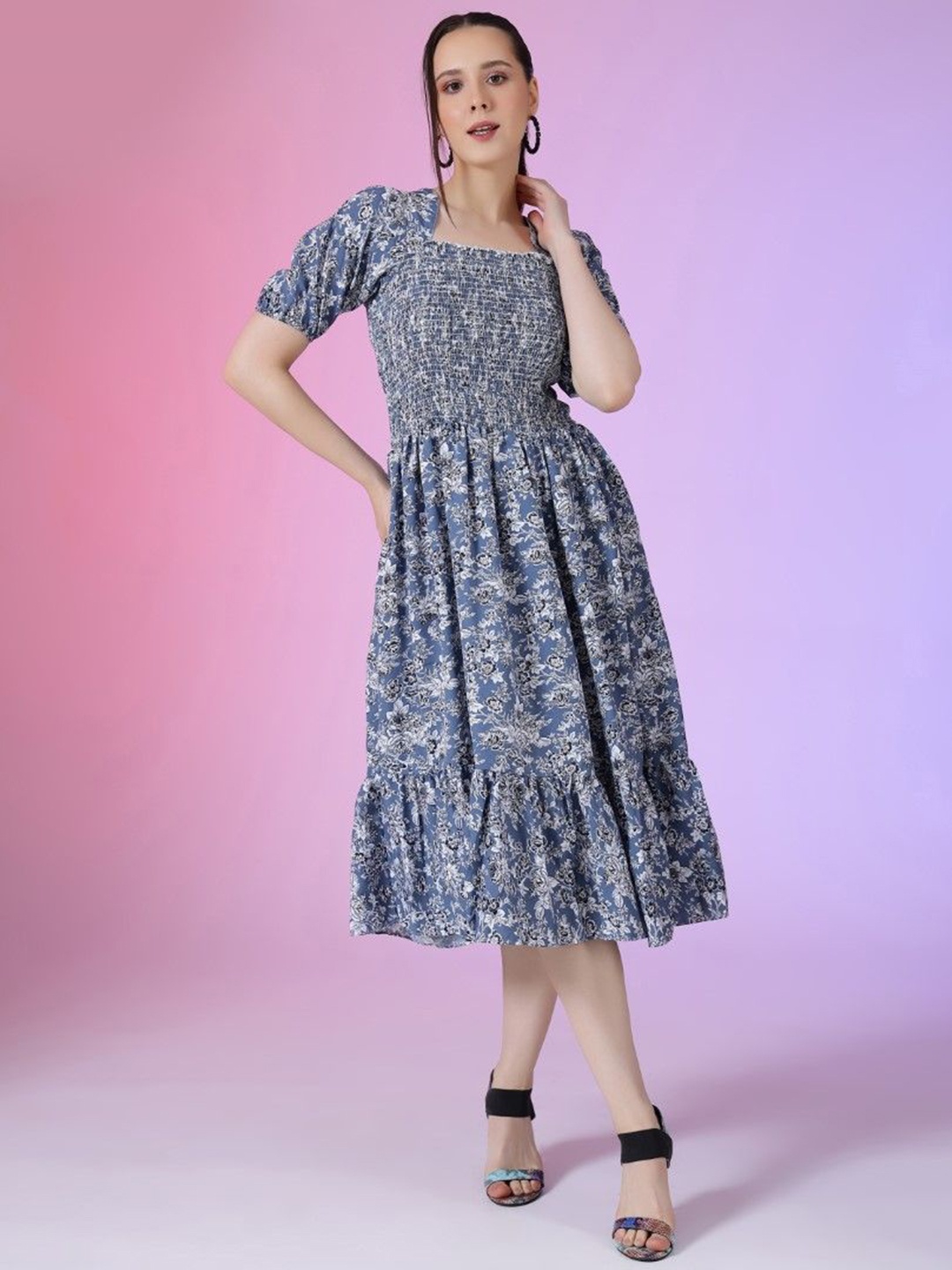 

Raiyani Enterprise Women Printed Puff Sleeve Applique Fit & Flare Dress, Blue