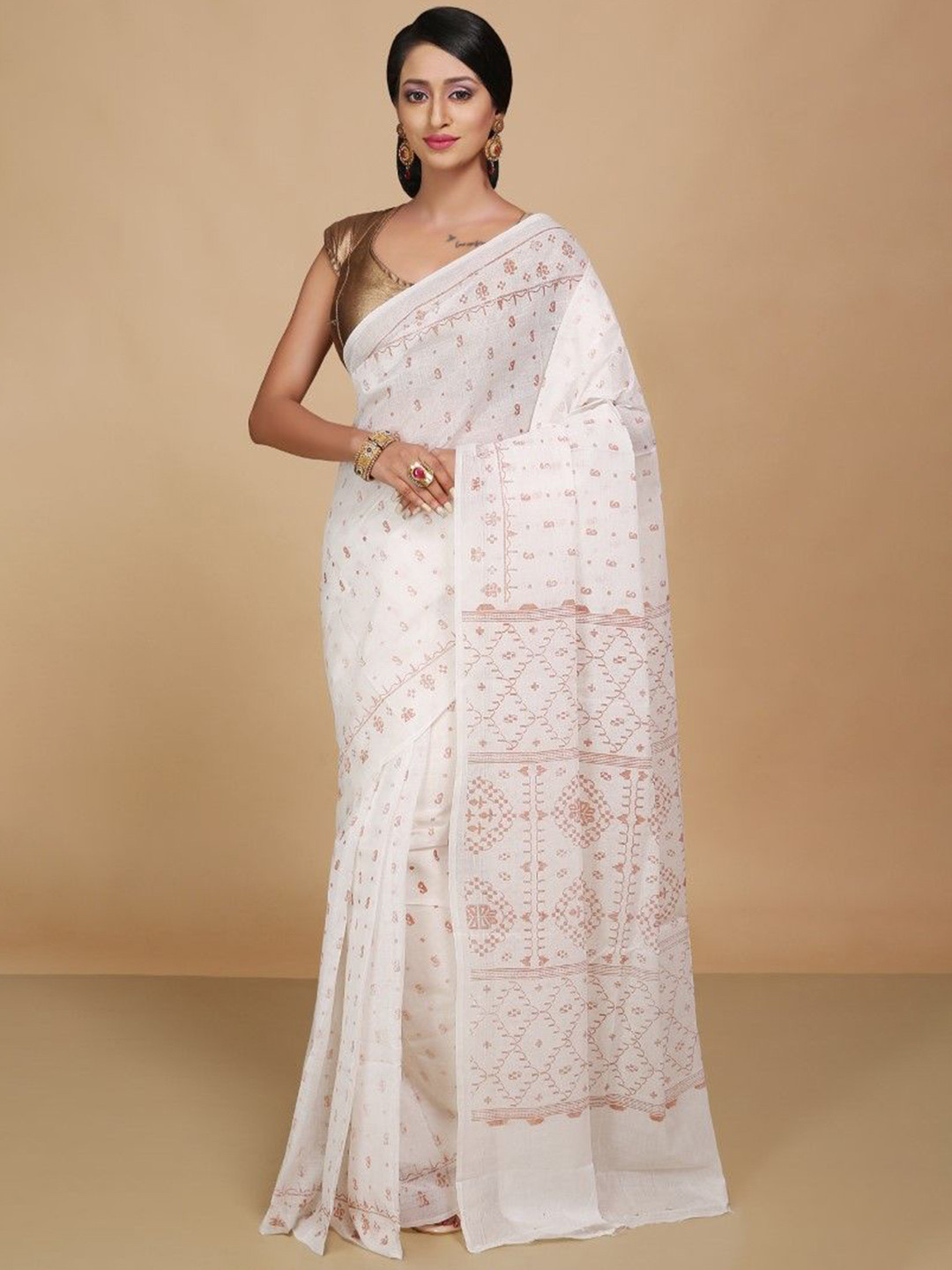 

BENGAL HANDLOOM Pure Cotton Taant Saree, White