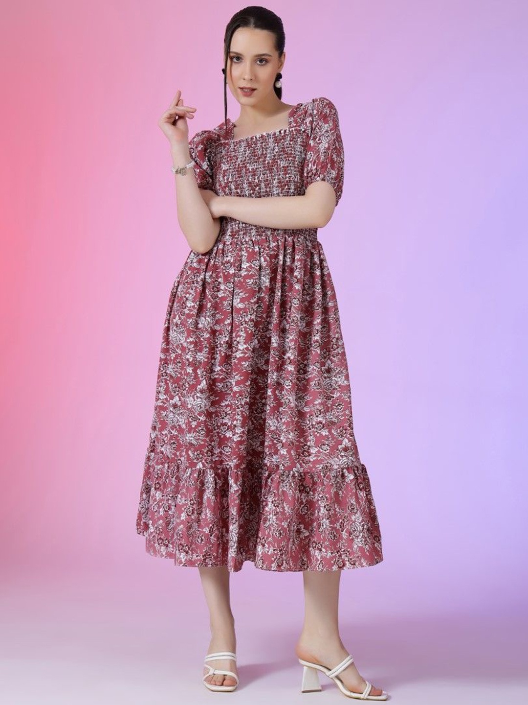 

Raiyani Enterprise Women Floral Printed Fit & Flare Midi Dress, Pink